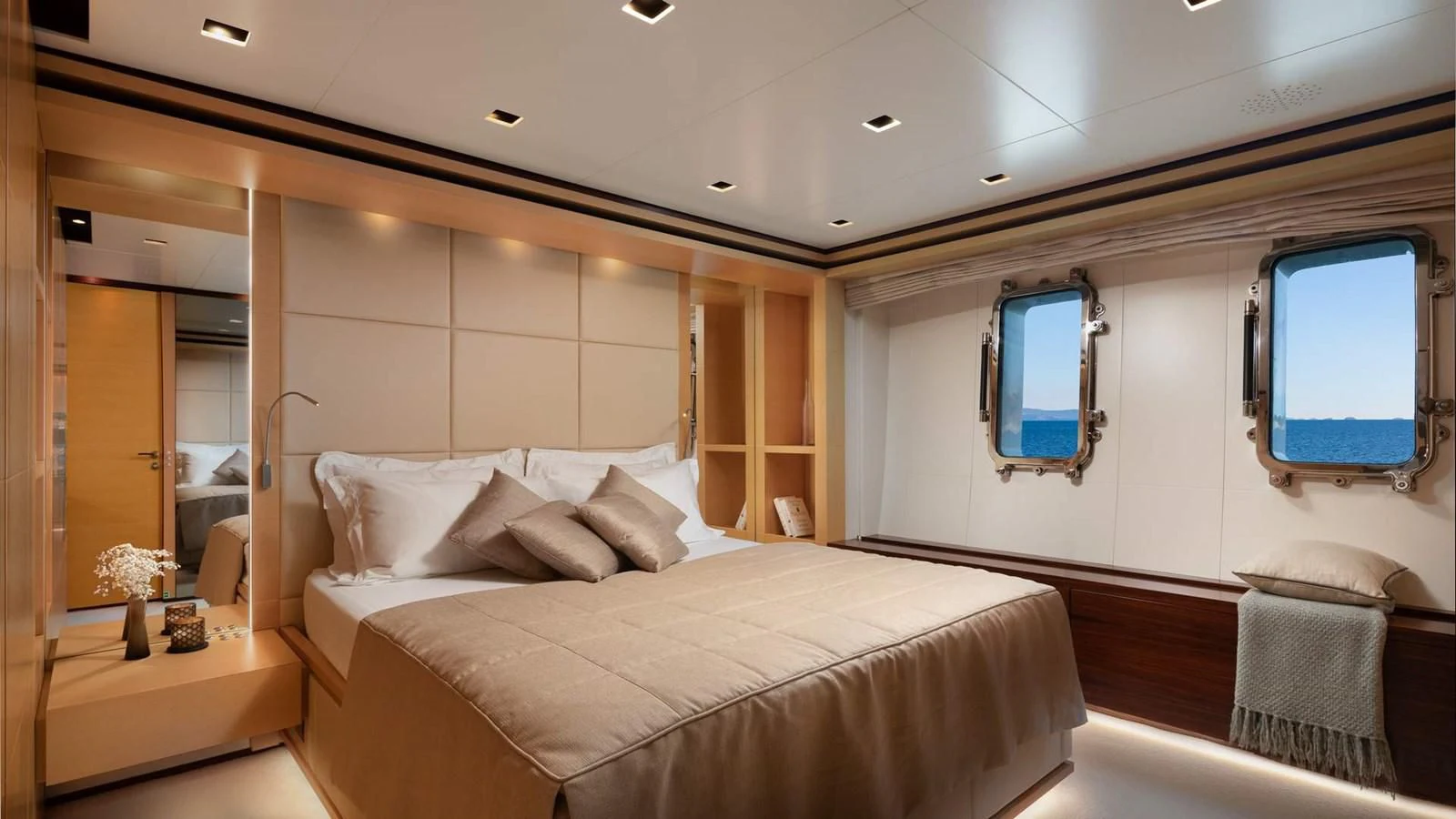 a bed in a room aboard LAMMOUCHE Yacht for Sale