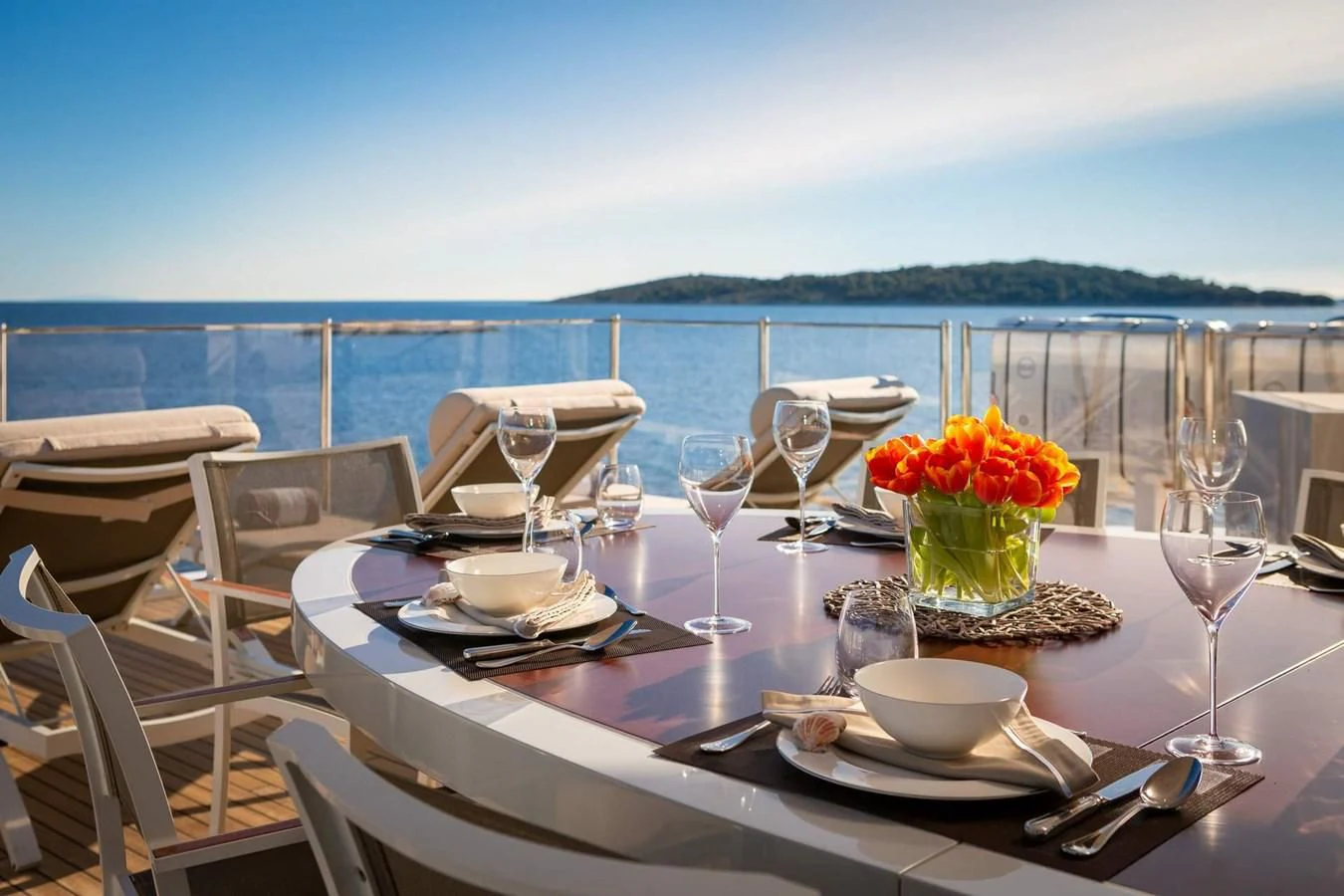 a table set for a dinner aboard LAMMOUCHE Yacht for Sale