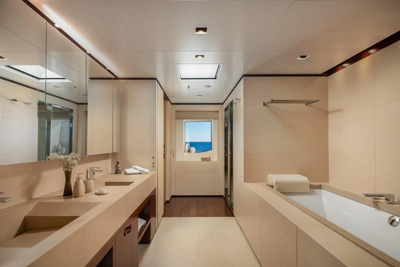 a bathroom with a large mirror aboard LAMMOUCHE Yacht for Sale