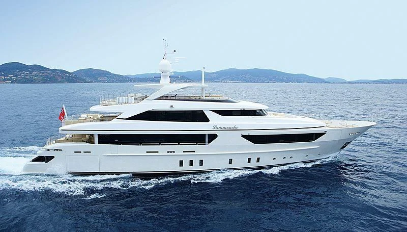 a white yacht on the water aboard LAMMOUCHE Yacht for Sale
