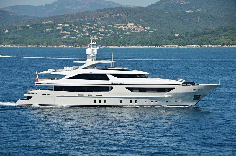 a white yacht in the water aboard LAMMOUCHE Yacht for Sale