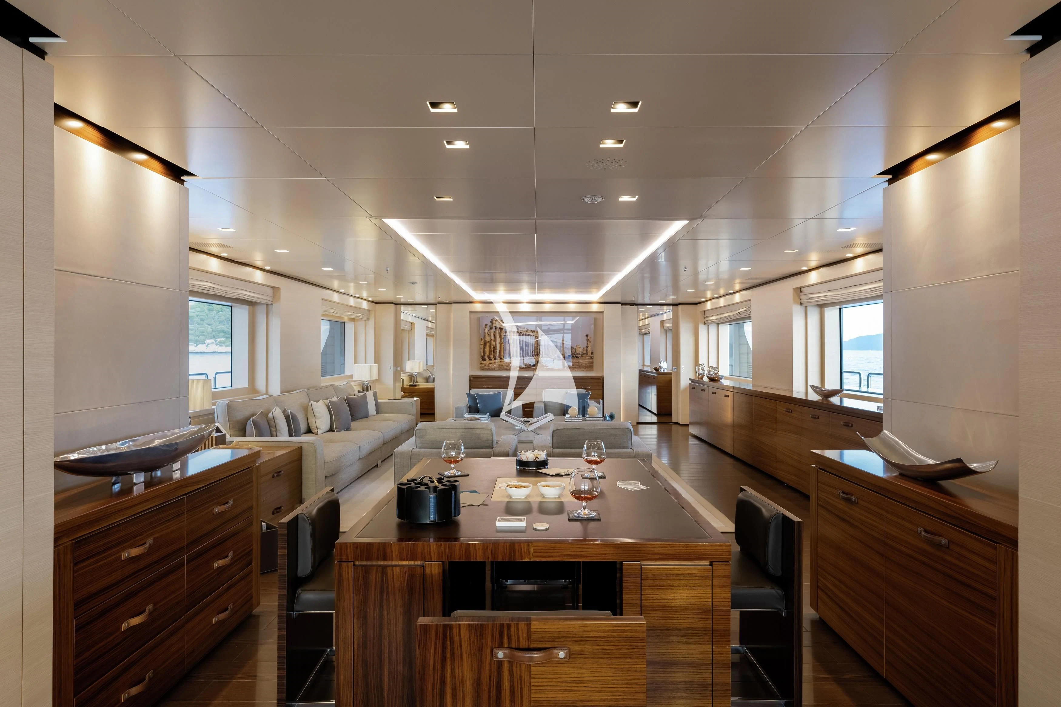 a kitchen and living room aboard LAMMOUCHE Yacht for Sale
