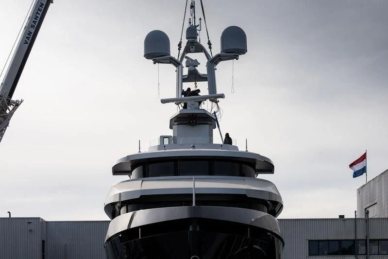 a large white and black space ship aboard SHINKAI Yacht for Sale