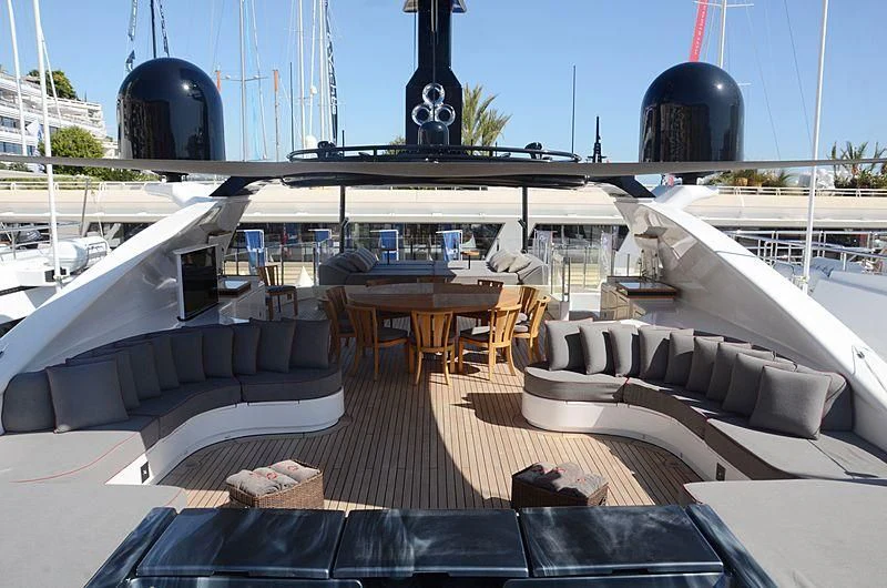 a large patio with a large black dome and a black dome on top aboard ALASKA Yacht for Sale