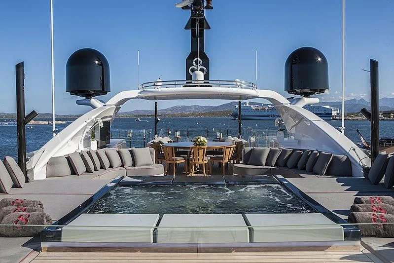 a large white boat with a large black and silver structure on the front aboard ALASKA Yacht for Sale