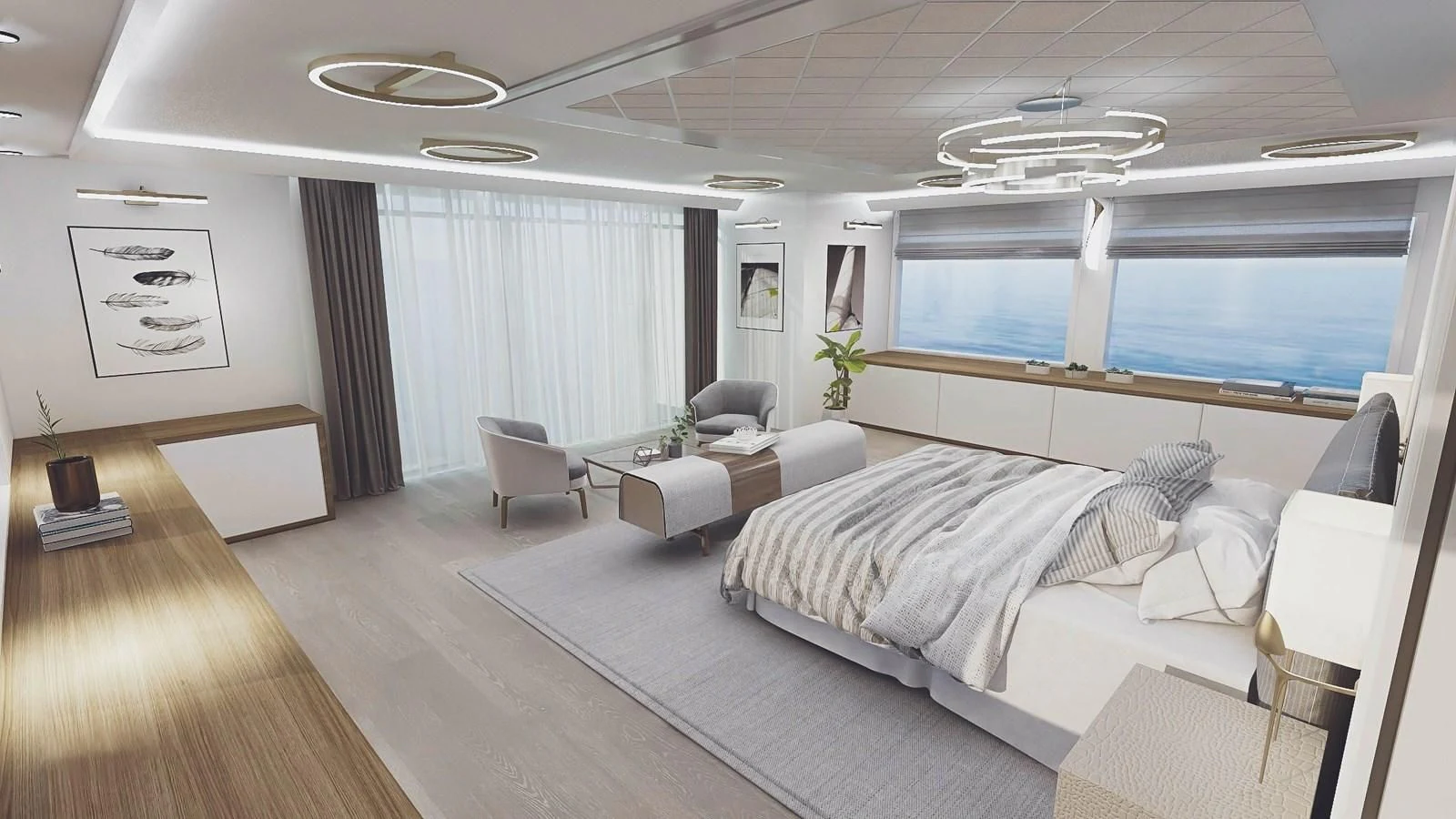 a room with a bed and a large window aboard EXPLORER ICE CLASS Yacht for Sale