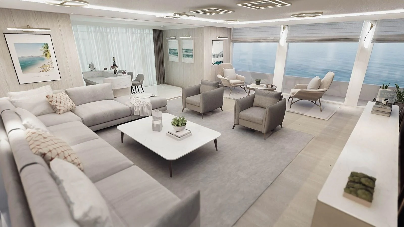 a living room with a large window aboard EXPLORER ICE CLASS Yacht for Sale