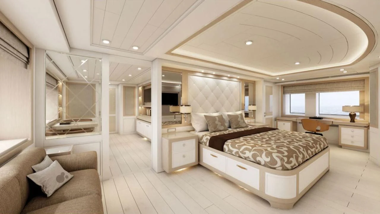 a large bedroom with a large bed aboard GIO CHI THE Yacht for Sale
