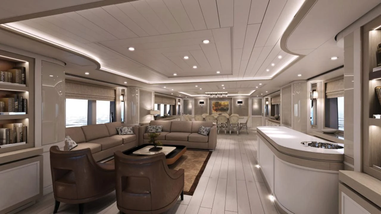 a large living room with a large white bathtub aboard GIO CHI THE Yacht for Sale