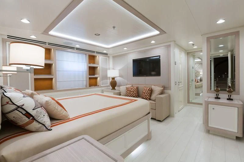 a large bedroom with a large bed aboard GIO CHI THE Yacht for Sale