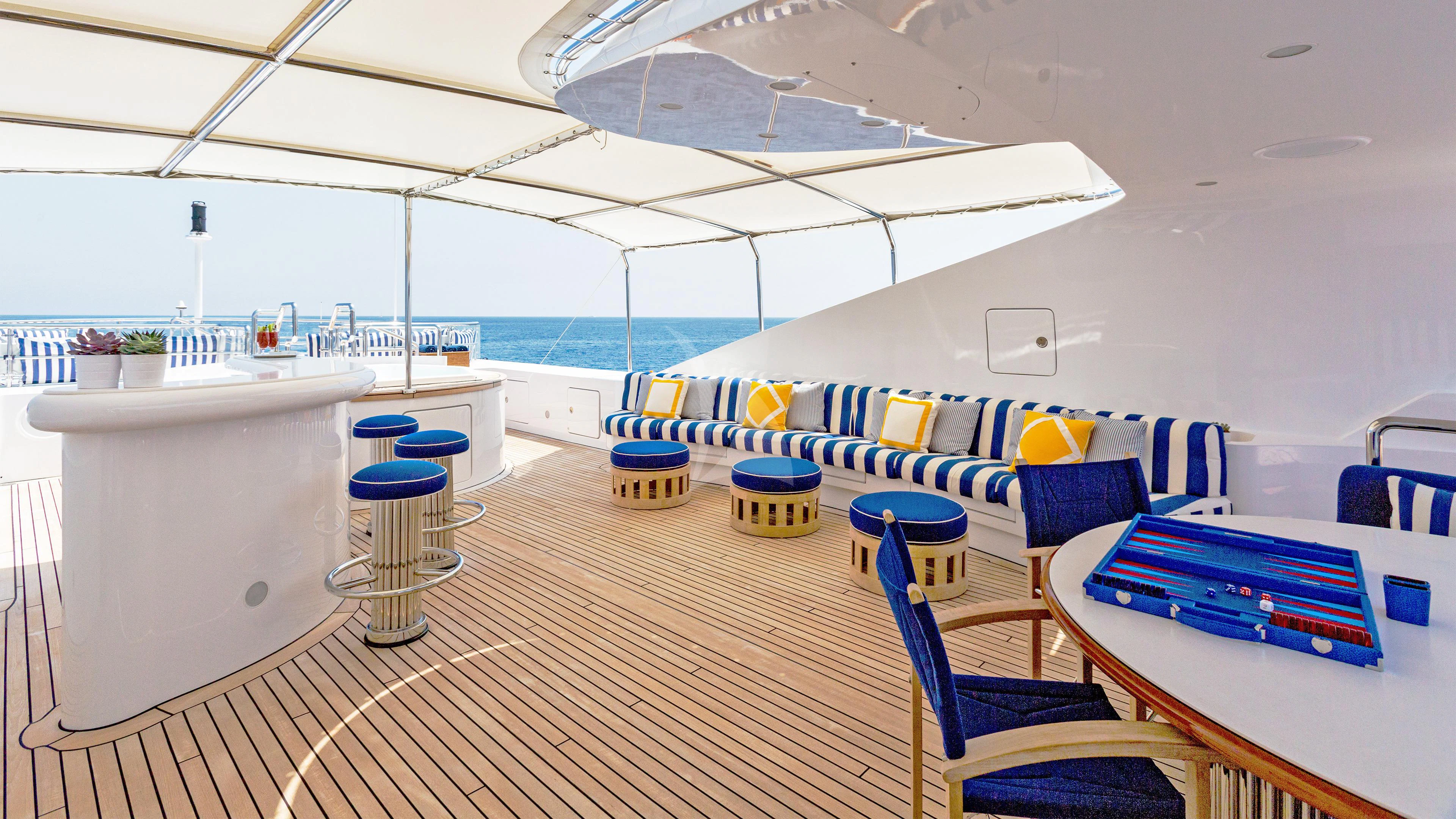 a room with a table and chairs aboard AIR Yacht for Sale
