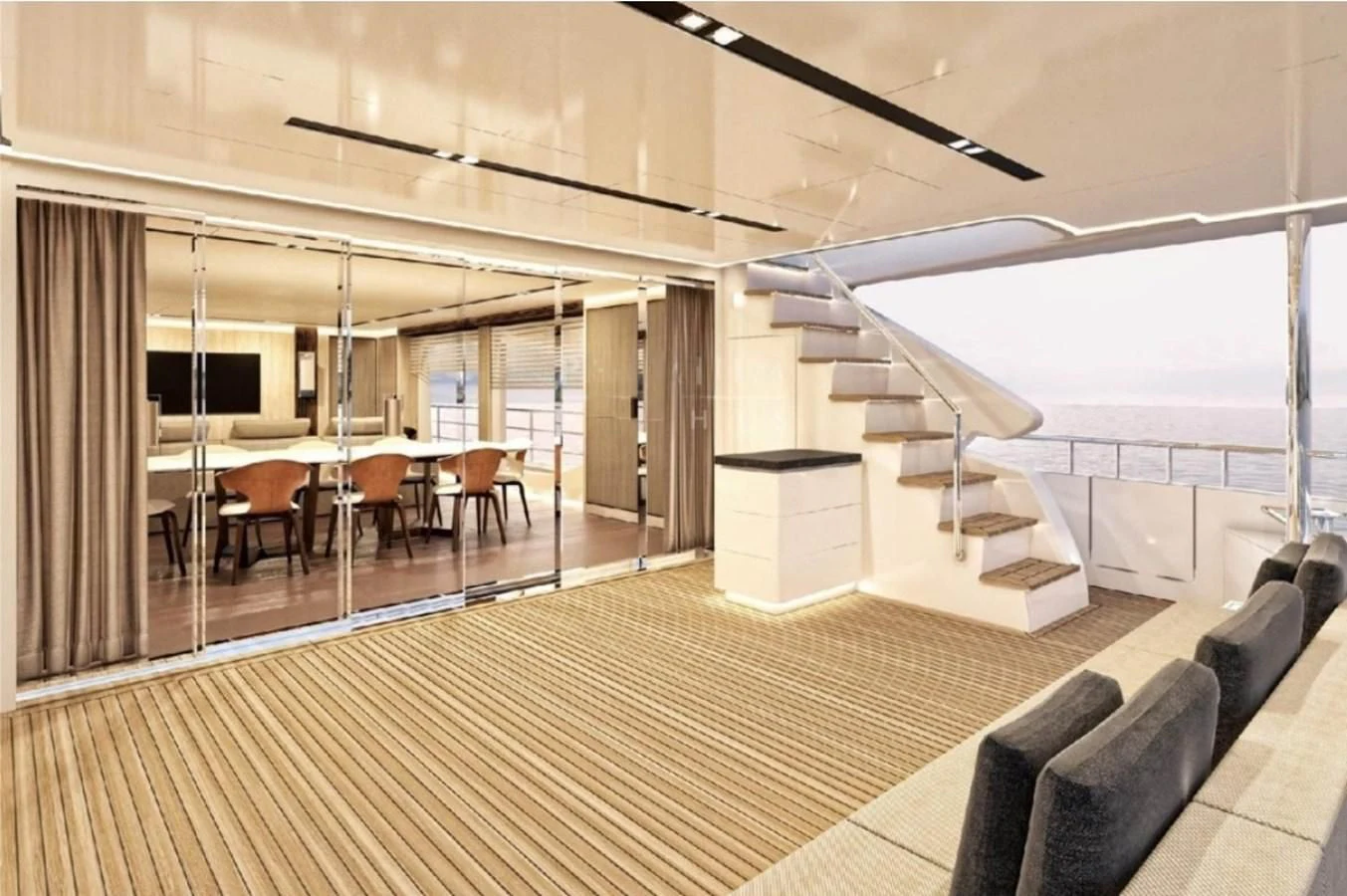 a modern house with a staircase aboard EDEN Yacht for Sale