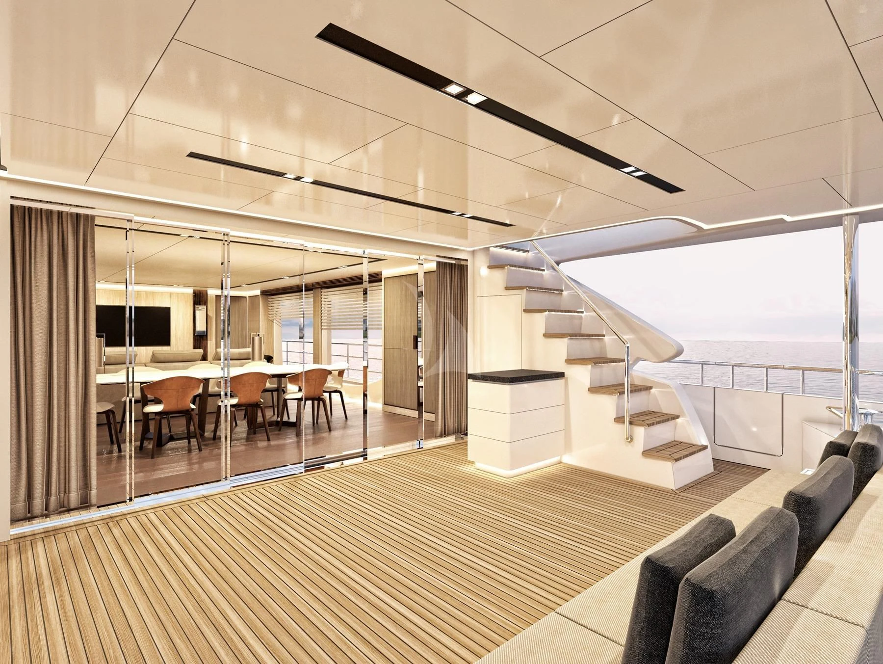 a modern house with a staircase aboard EDEN Yacht for Sale