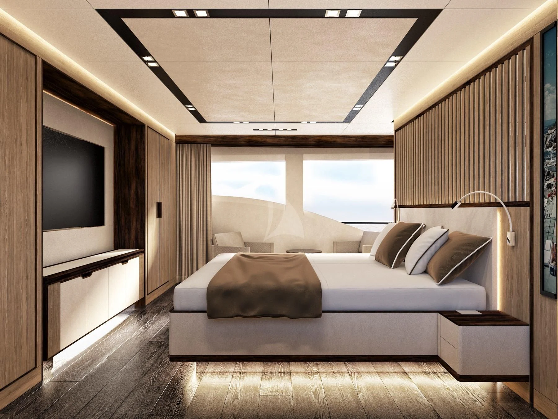 a bed in a room aboard EDEN Yacht for Sale