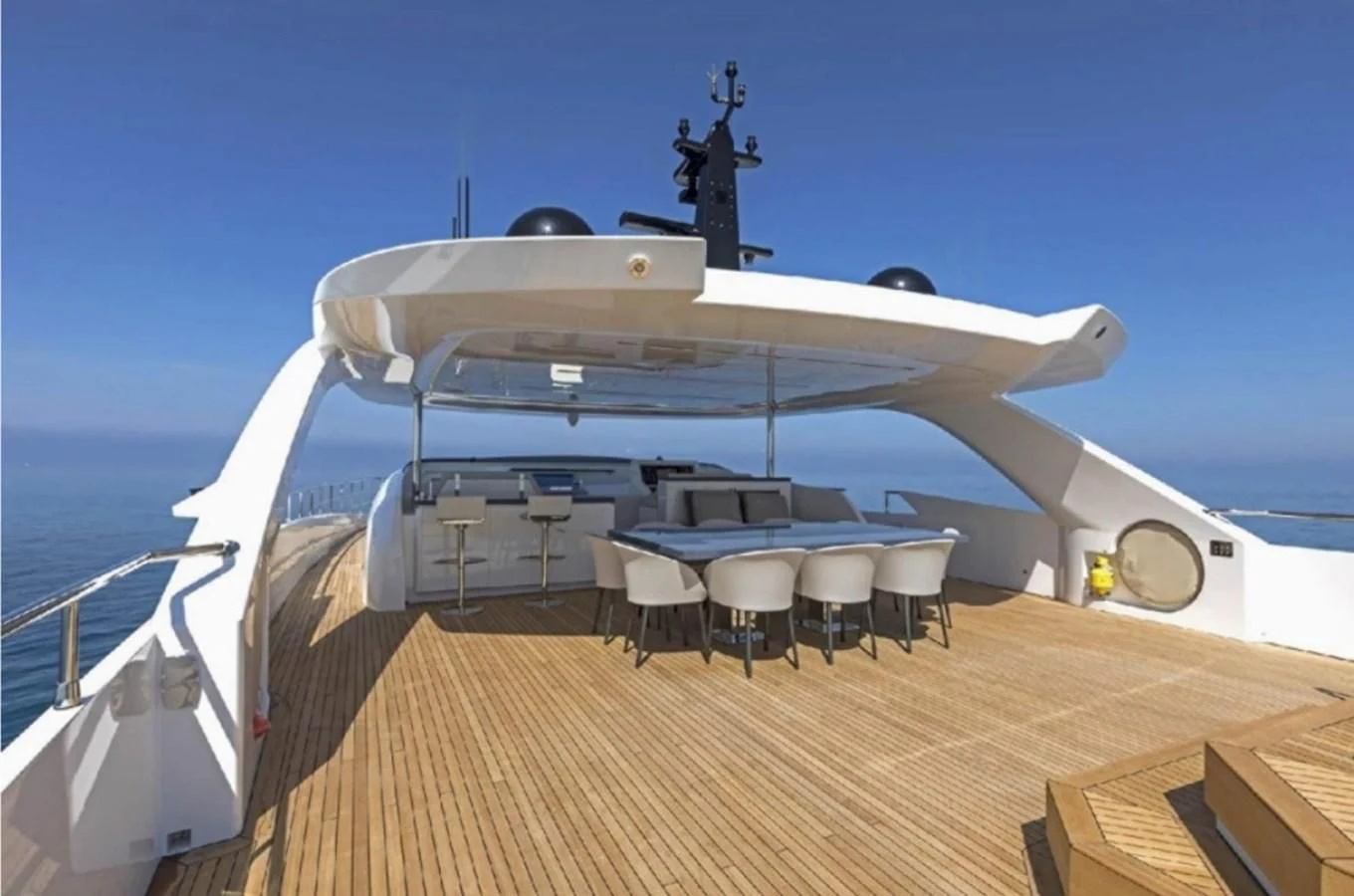 a large white yacht with a camera on the front aboard EDEN Yacht for Sale