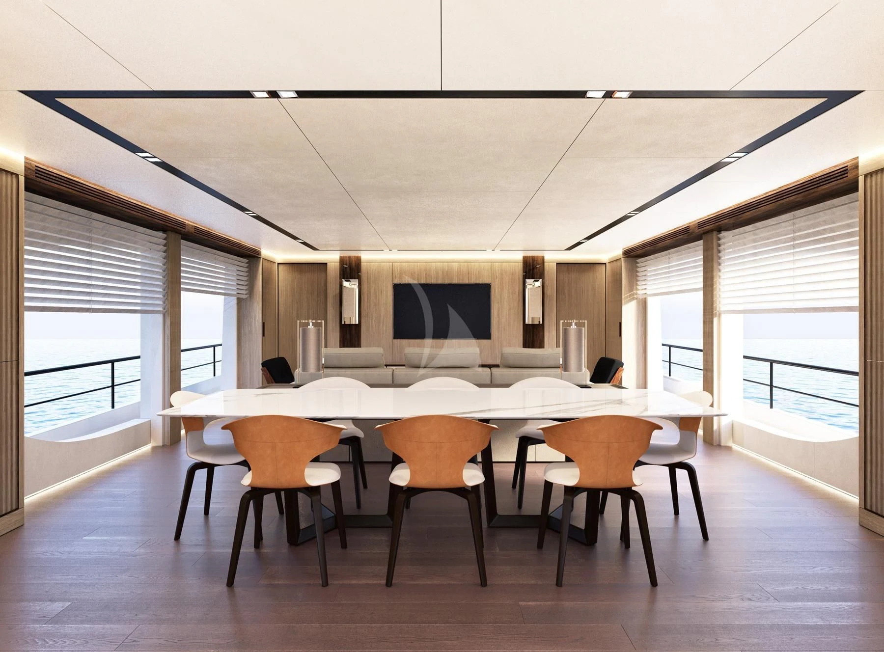 a room with a table and chairs aboard EDEN Yacht for Sale