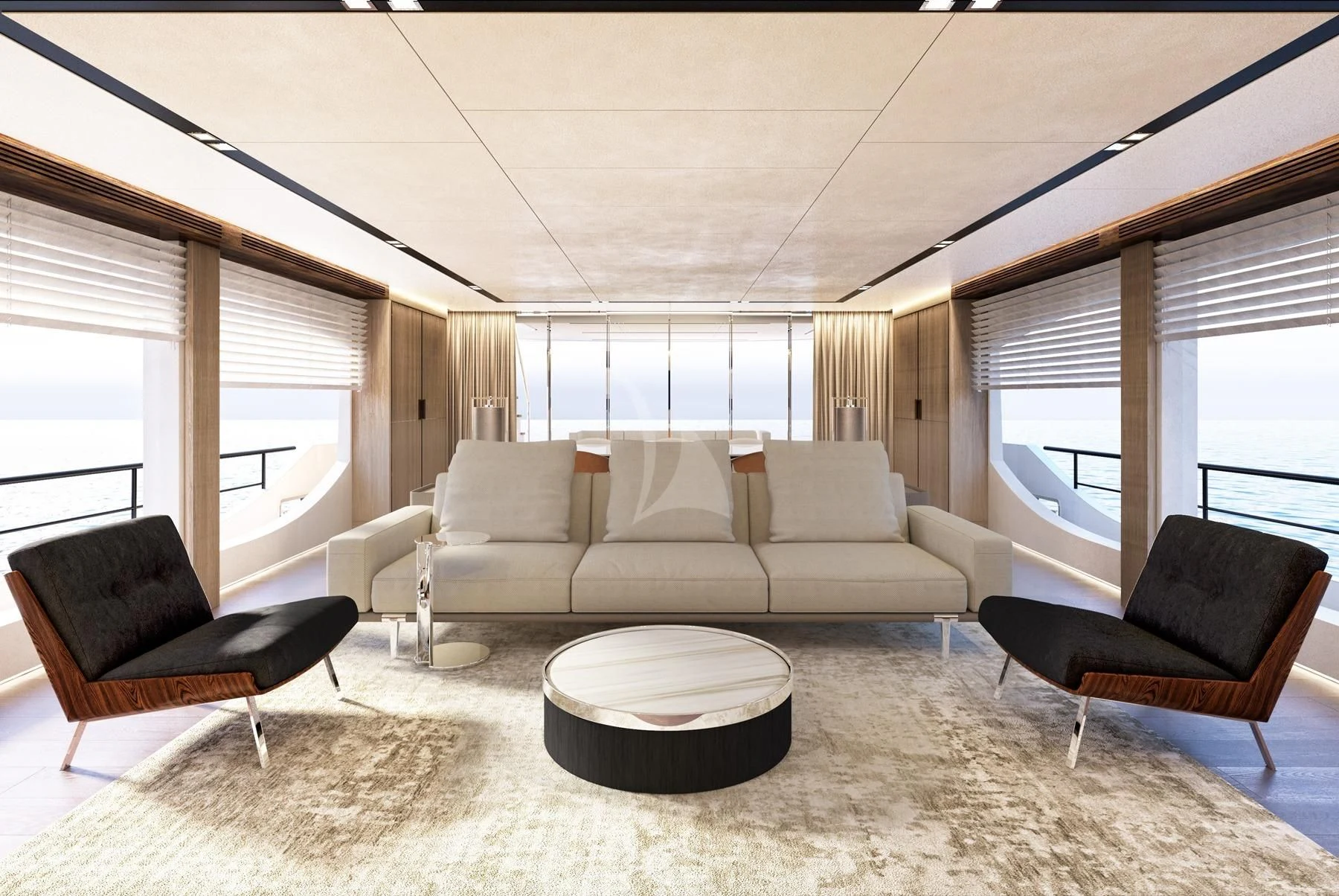 a living room with a couch and a table aboard EDEN Yacht for Sale
