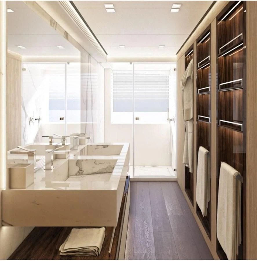 a bathroom with a large countertop aboard EDEN Yacht for Sale