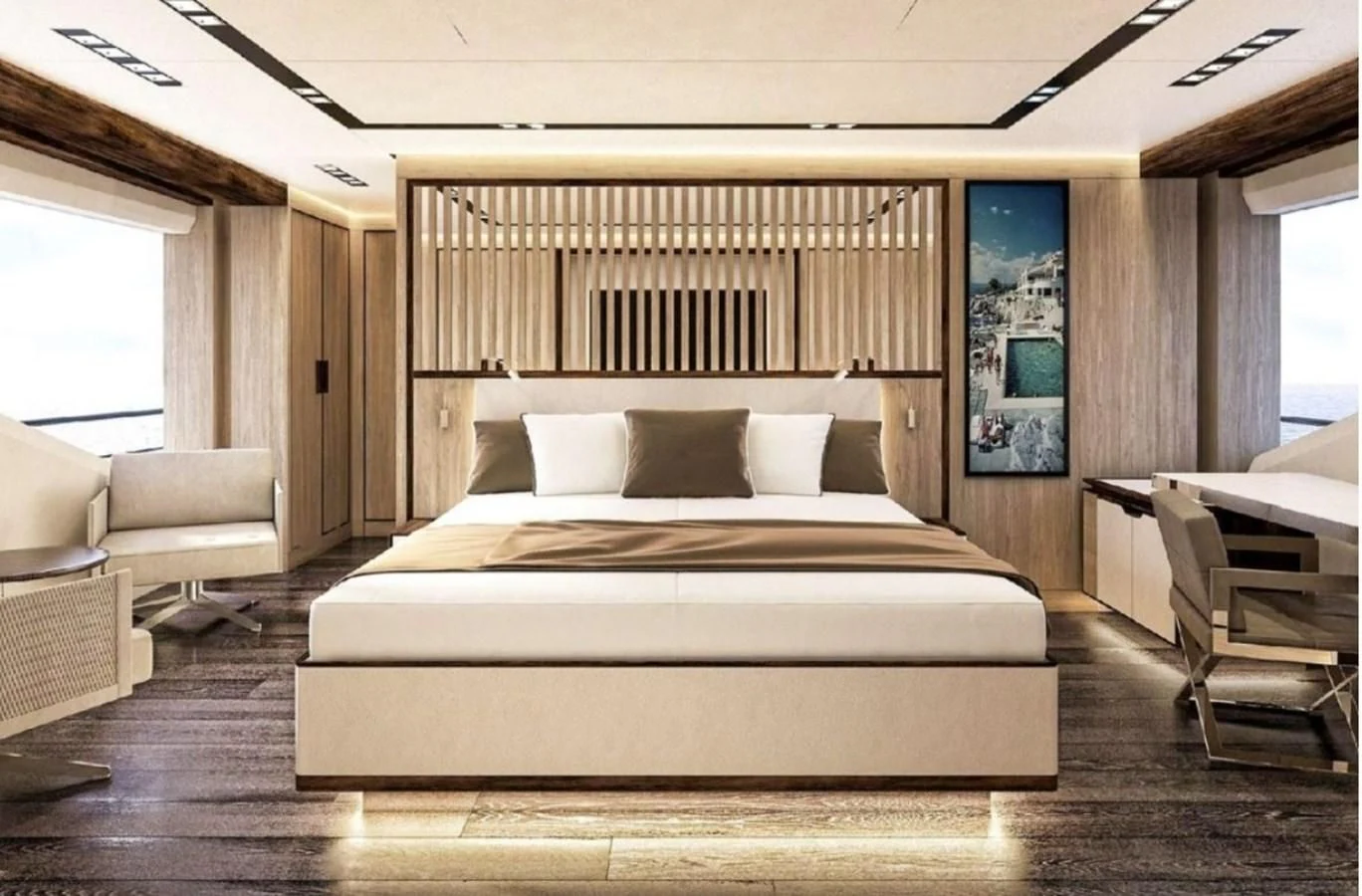 a large bed in a room aboard EDEN Yacht for Sale