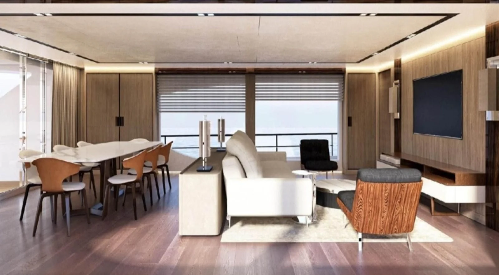 a room with a couch and a table and chairs aboard EDEN Yacht for Sale