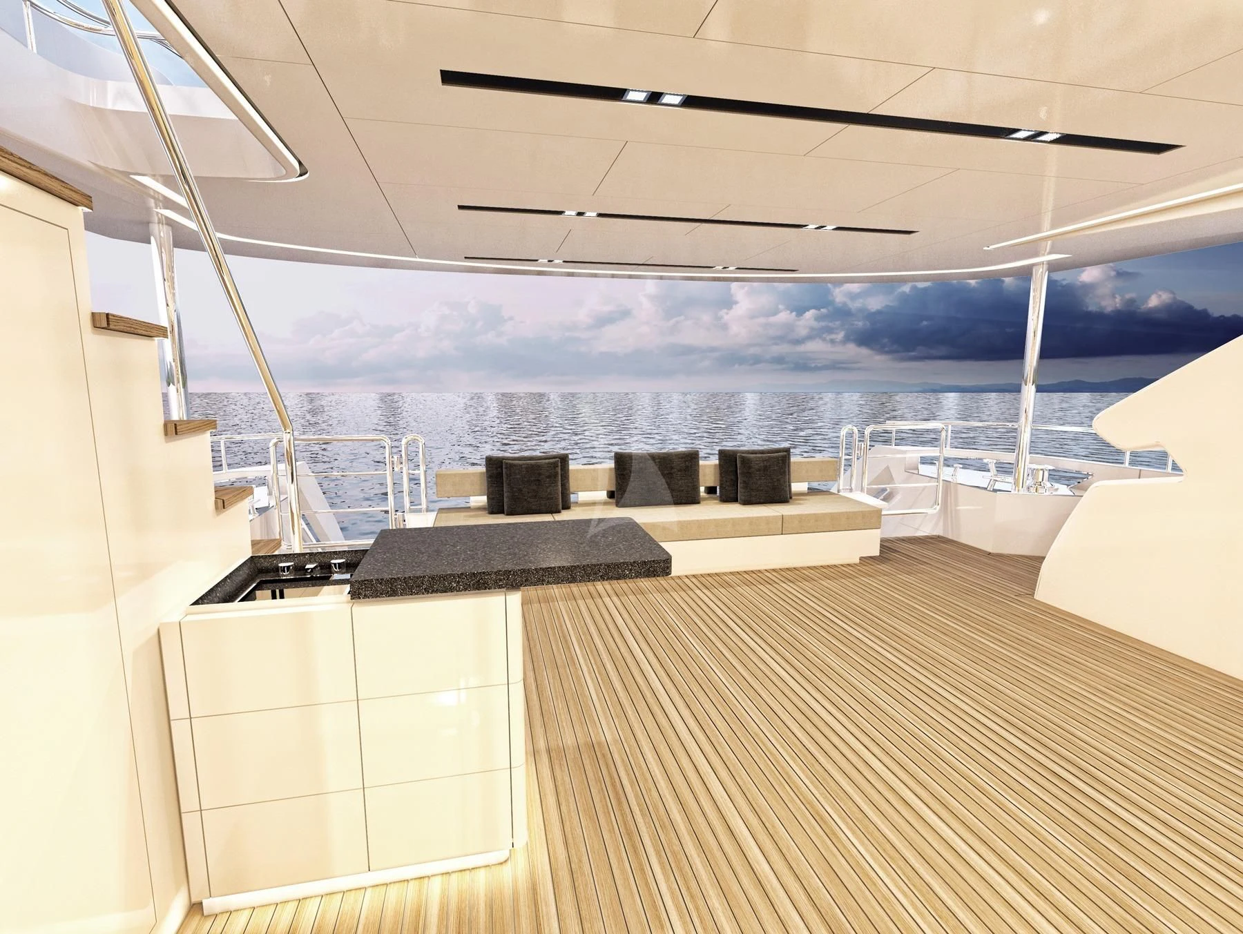 a room with a view of a city and water aboard EDEN Yacht for Sale