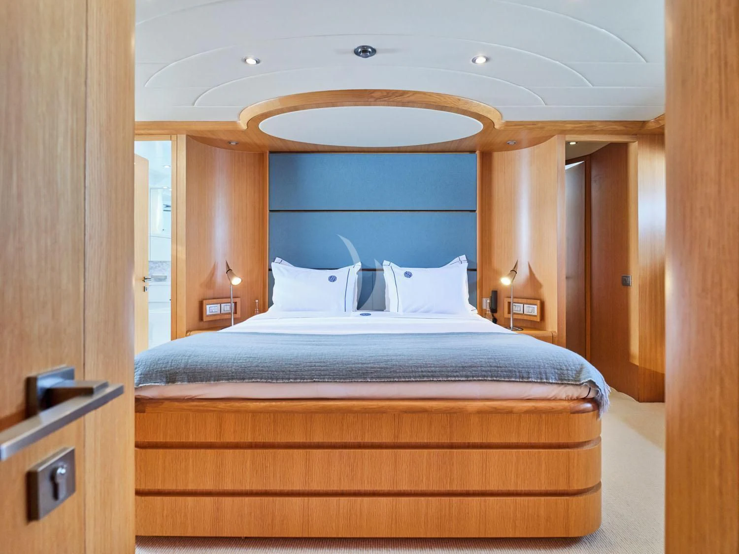 a bed with a canopy aboard ANASA Yacht for Sale