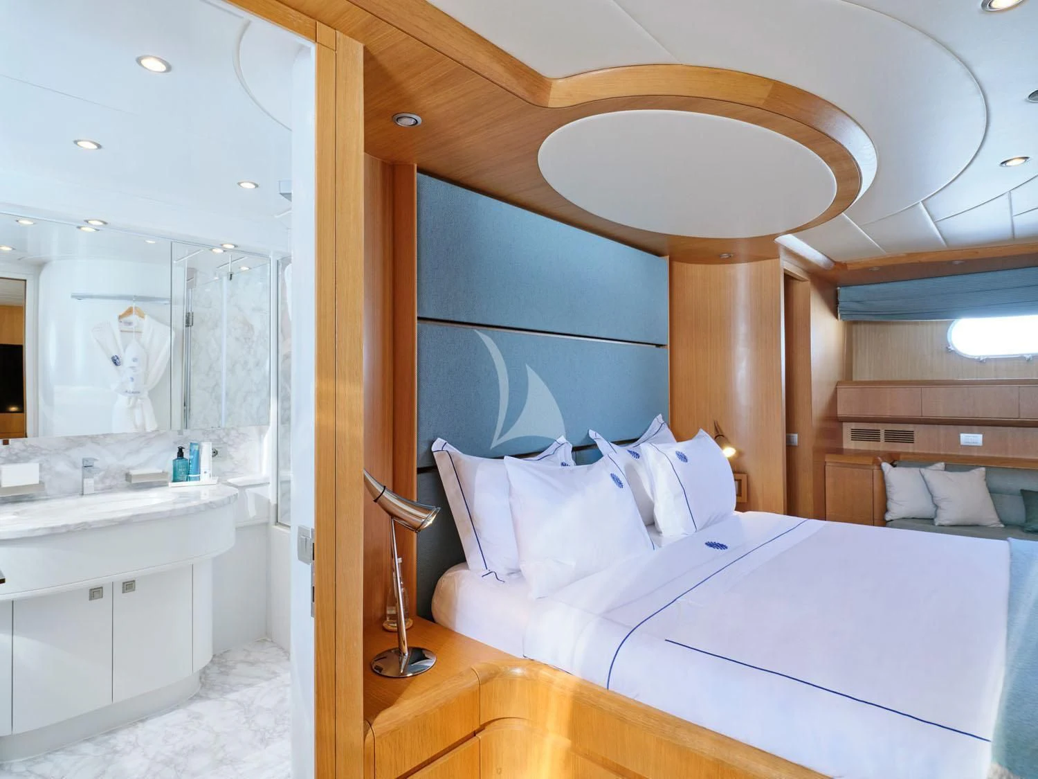 a room with a mirror and a bed aboard ANASA Yacht for Sale
