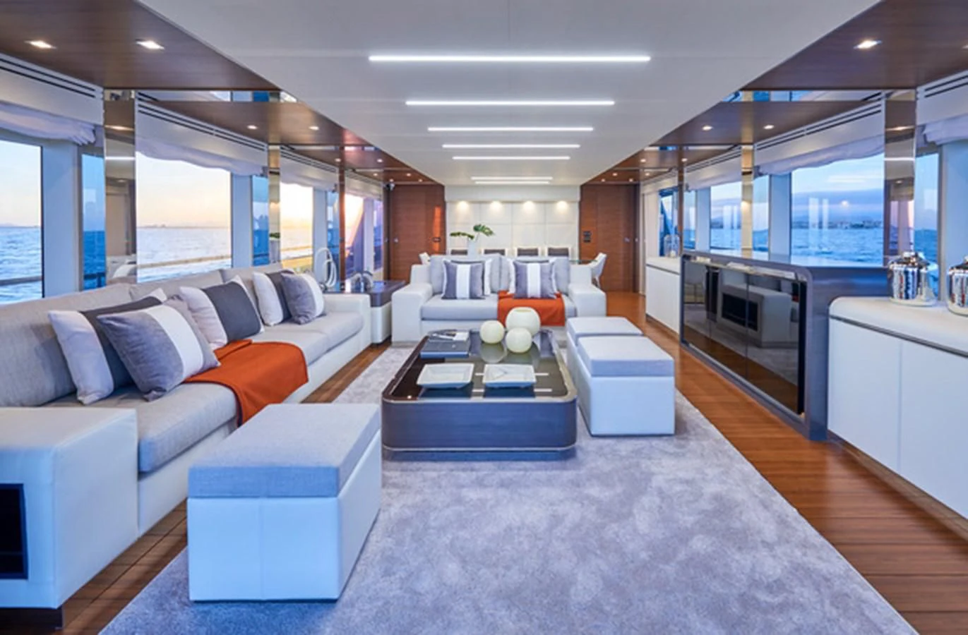 a living room with a large open floor plan aboard NINITAS A Yacht for Sale