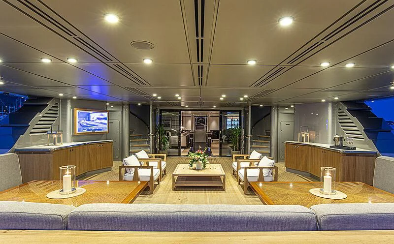 a large room with a large open floor plan aboard M5 Yacht for Sale