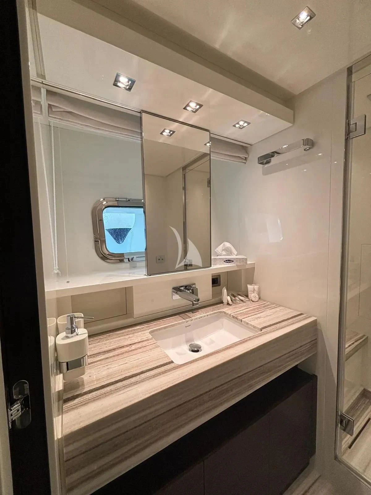 a bathroom with two sinks aboard QUEEN MARTINA Yacht for Sale