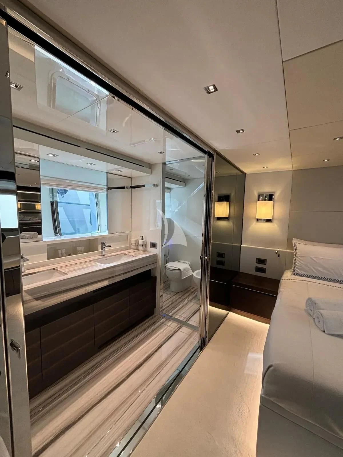 a room with a large mirror aboard QUEEN MARTINA Yacht for Sale