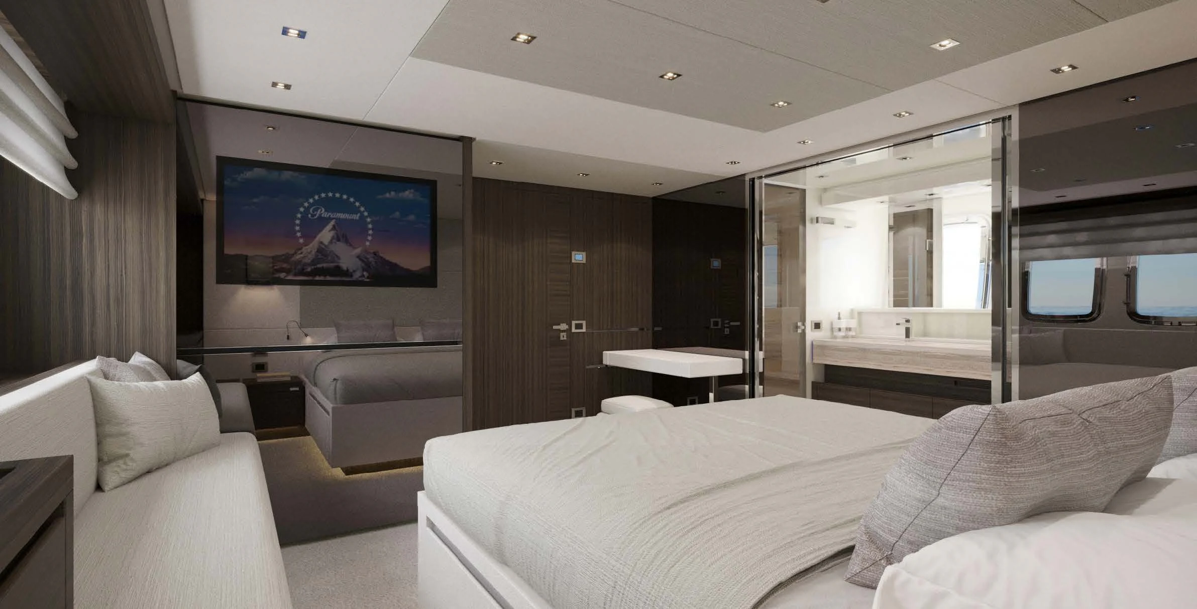 a room with a bed and a tv on the wall aboard QUEEN MARTINA Yacht for Sale