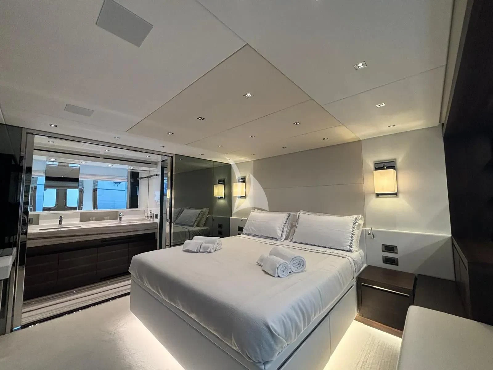 a room with a bed and a window aboard QUEEN MARTINA Yacht for Sale