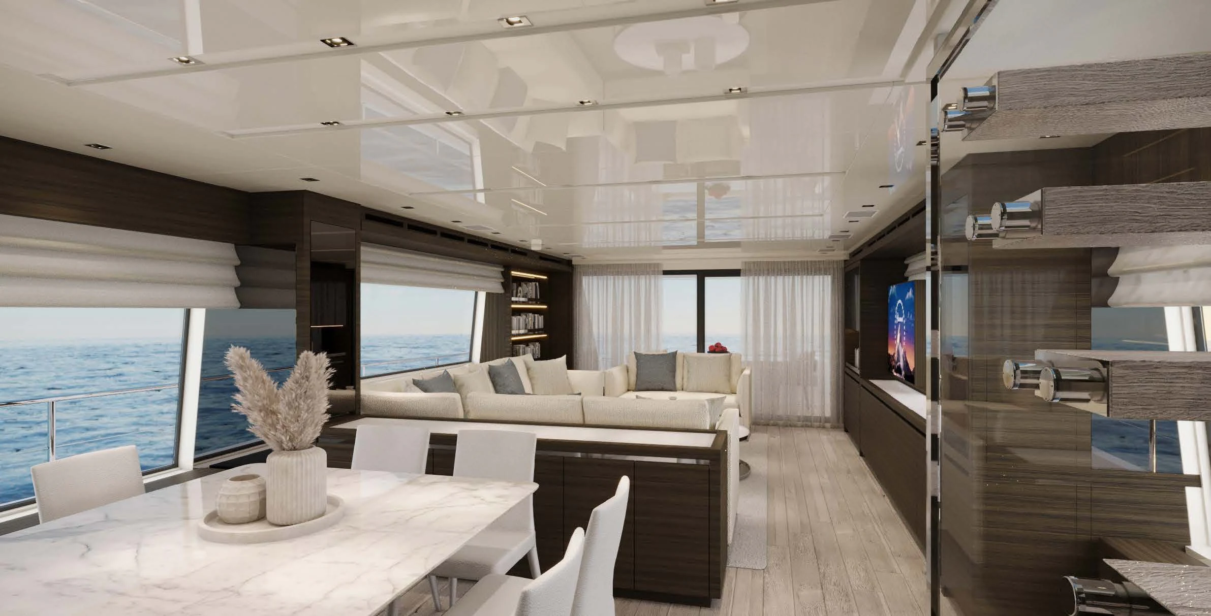 a room with a table and chairs aboard QUEEN MARTINA Yacht for Sale