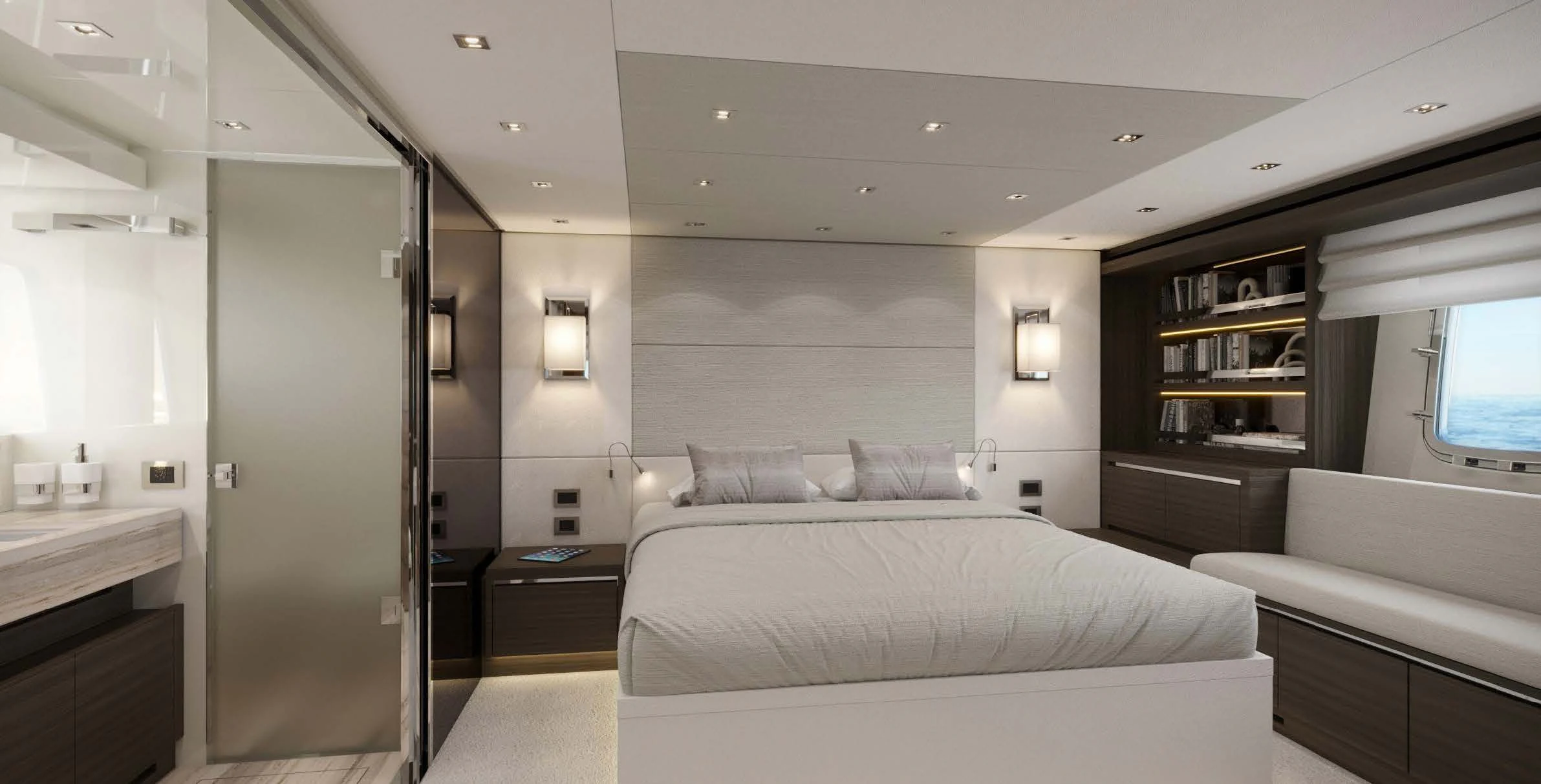 a bedroom with a bed and a desk aboard QUEEN MARTINA Yacht for Sale