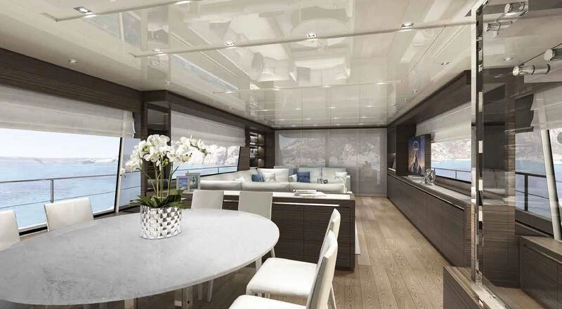 a room with a table chairs and a large window aboard QUEEN MARTINA Yacht for Sale
