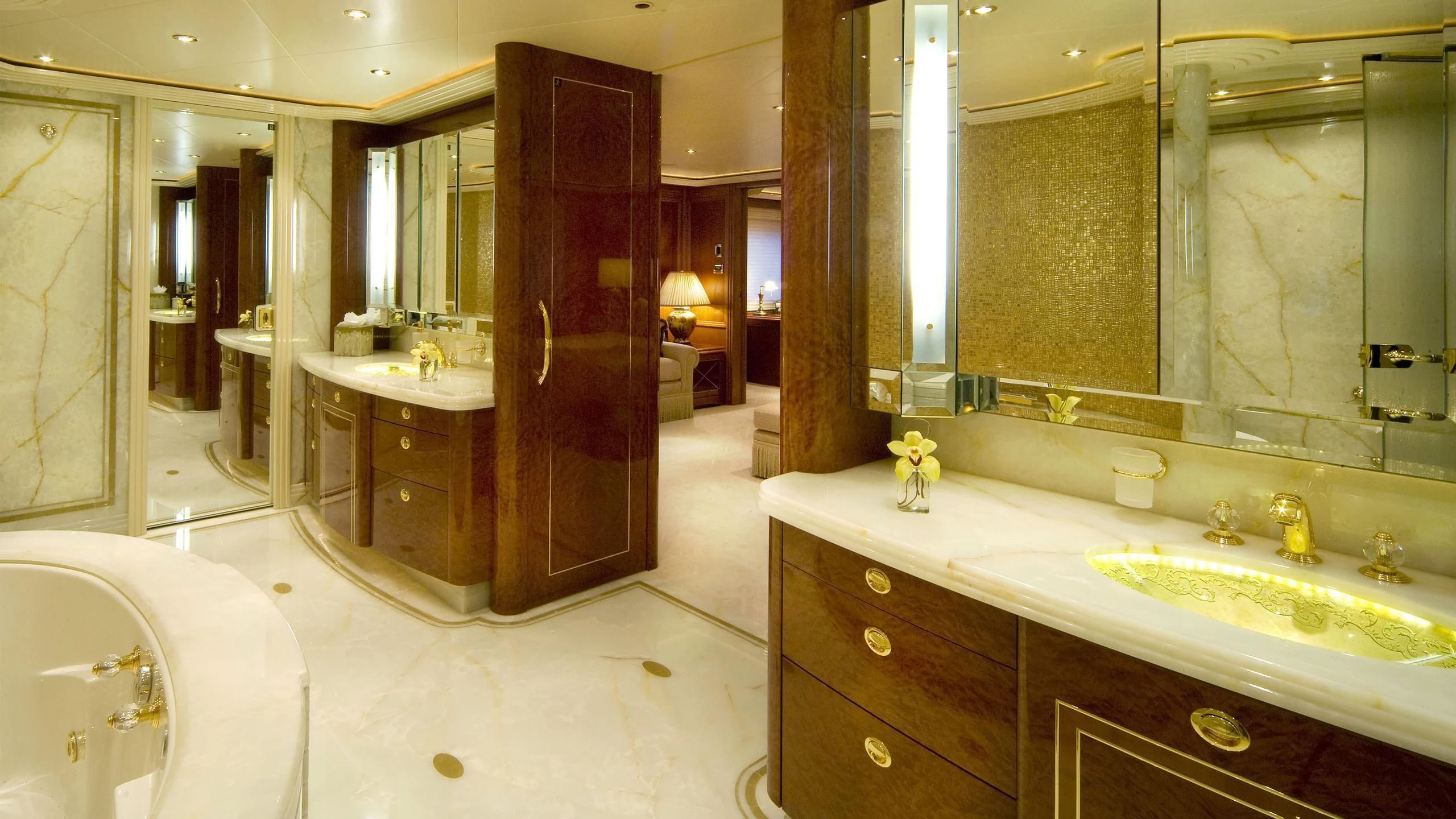 a bathroom with a large mirror aboard SECOND LOVE Yacht for Charter