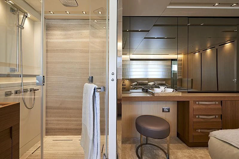 a bathroom with a shower unit and sink aboard GI1 Yacht for Sale