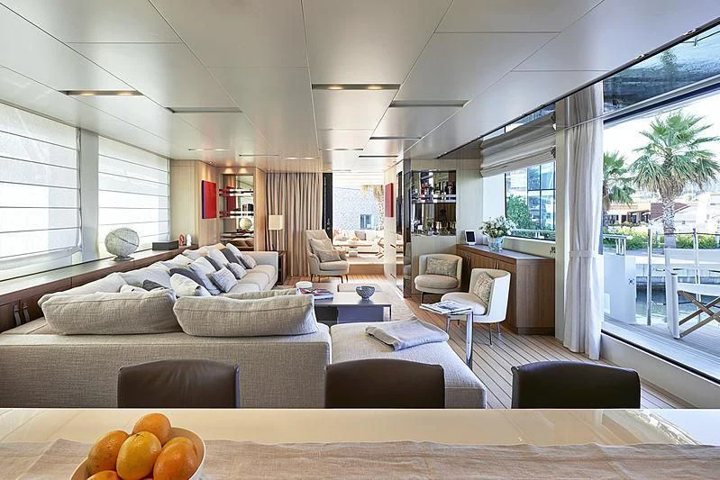 a living room with a large window aboard GI1 Yacht for Sale