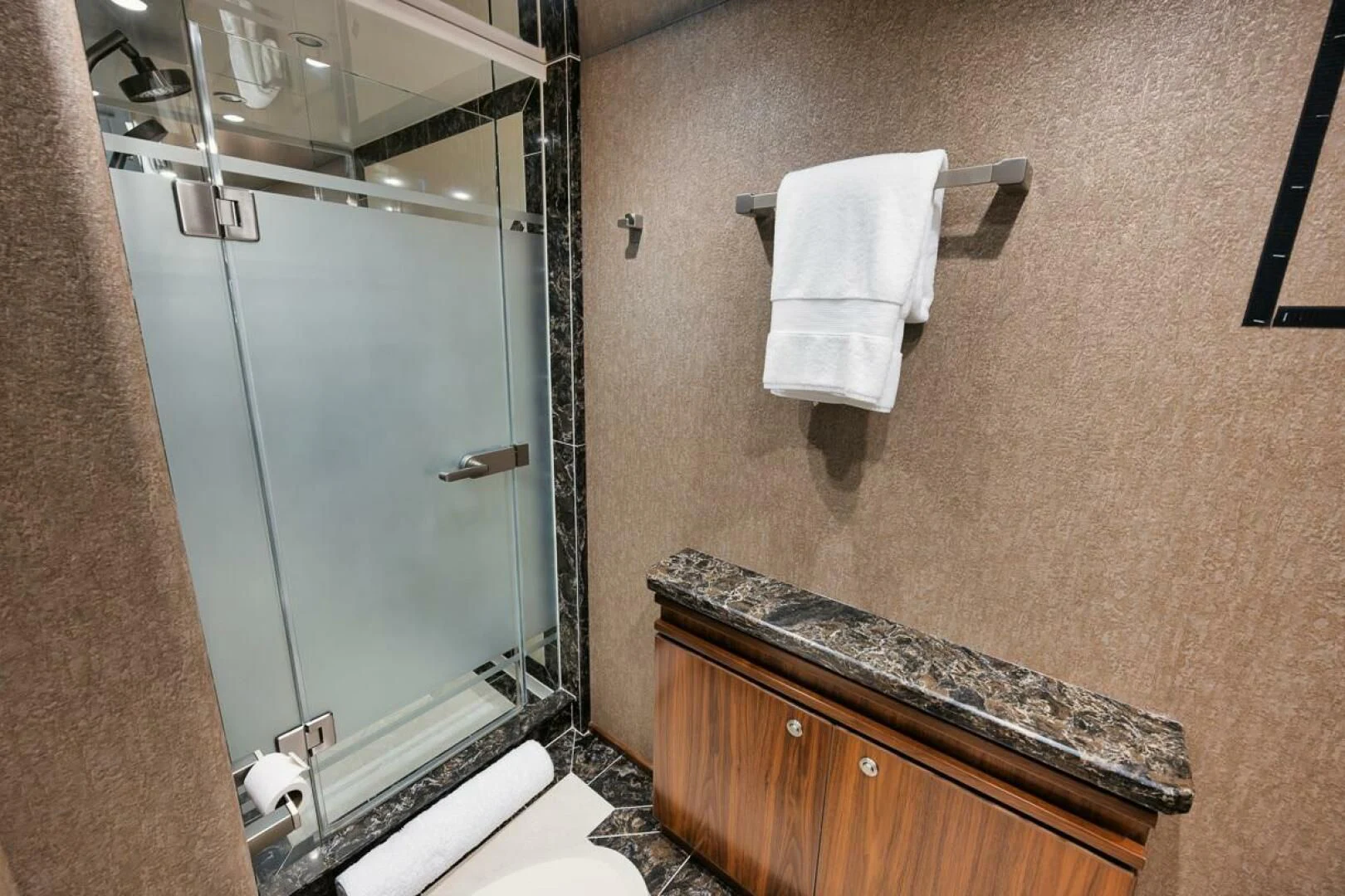 a bathroom with a glass shower aboard BELLA DONNA DI Yacht for Sale