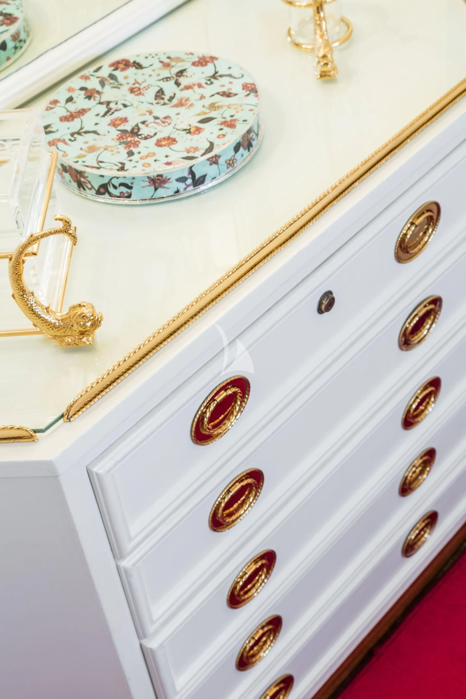 a white door with a decorative plate on it aboard CROCE DEL SUD Yacht for Sale