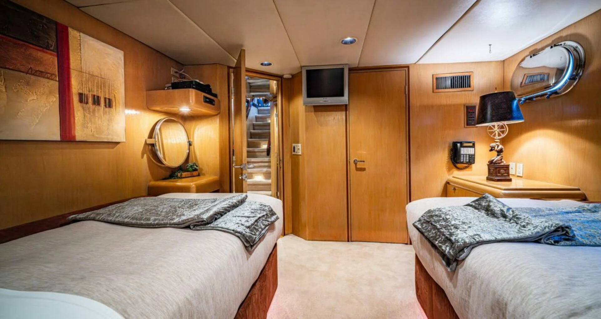 a room with two beds aboard LE MONTRACHET Yacht for Sale