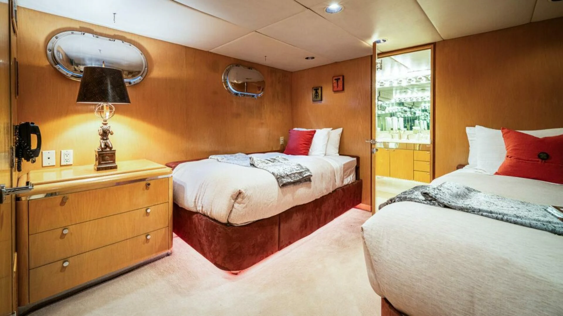 a room with two beds aboard LE MONTRACHET Yacht for Sale
