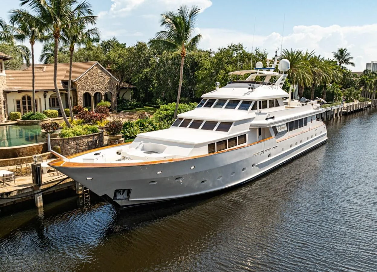 a boat docked at a pier aboard LE MONTRACHET Yacht for Sale