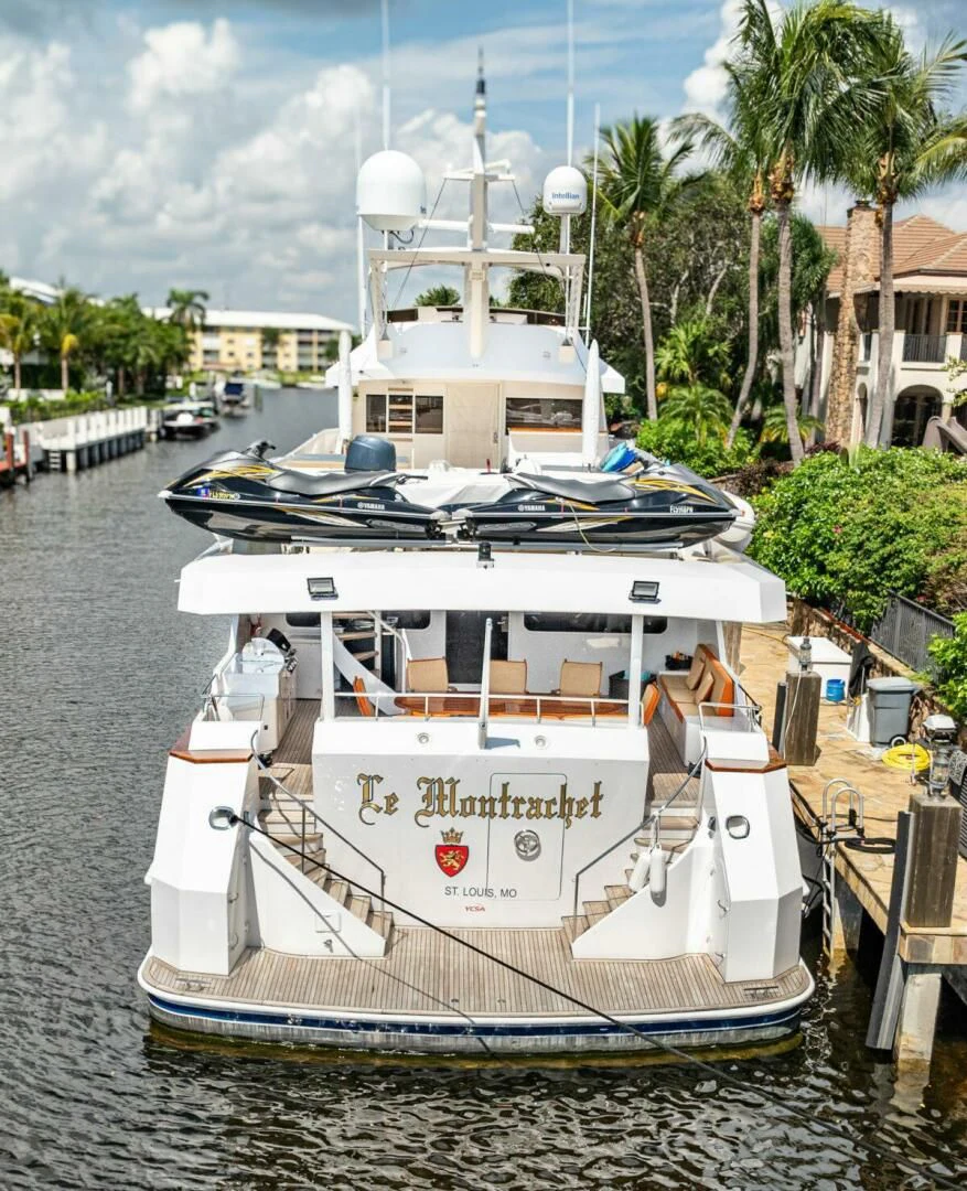 a boat docked at a pier aboard LE MONTRACHET Yacht for Sale