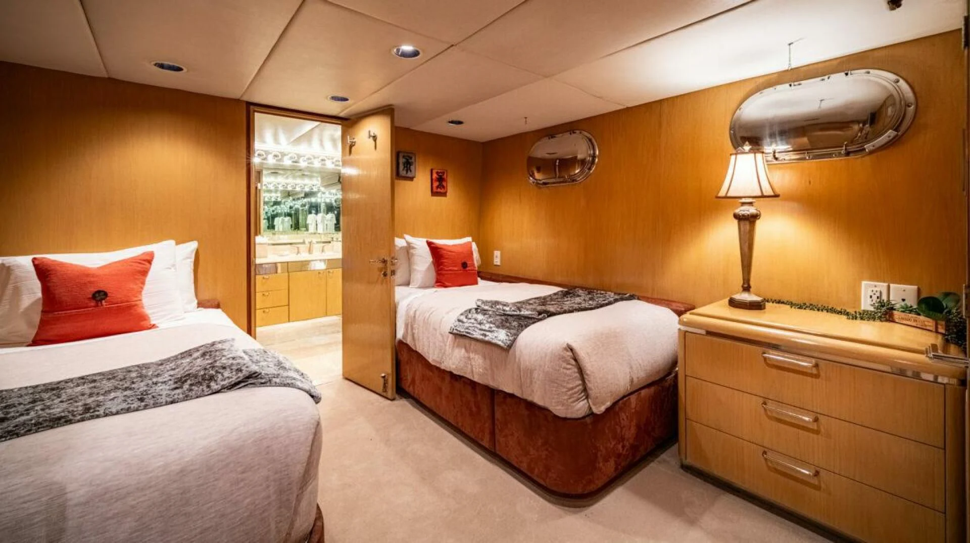 a room with two beds aboard LE MONTRACHET Yacht for Sale