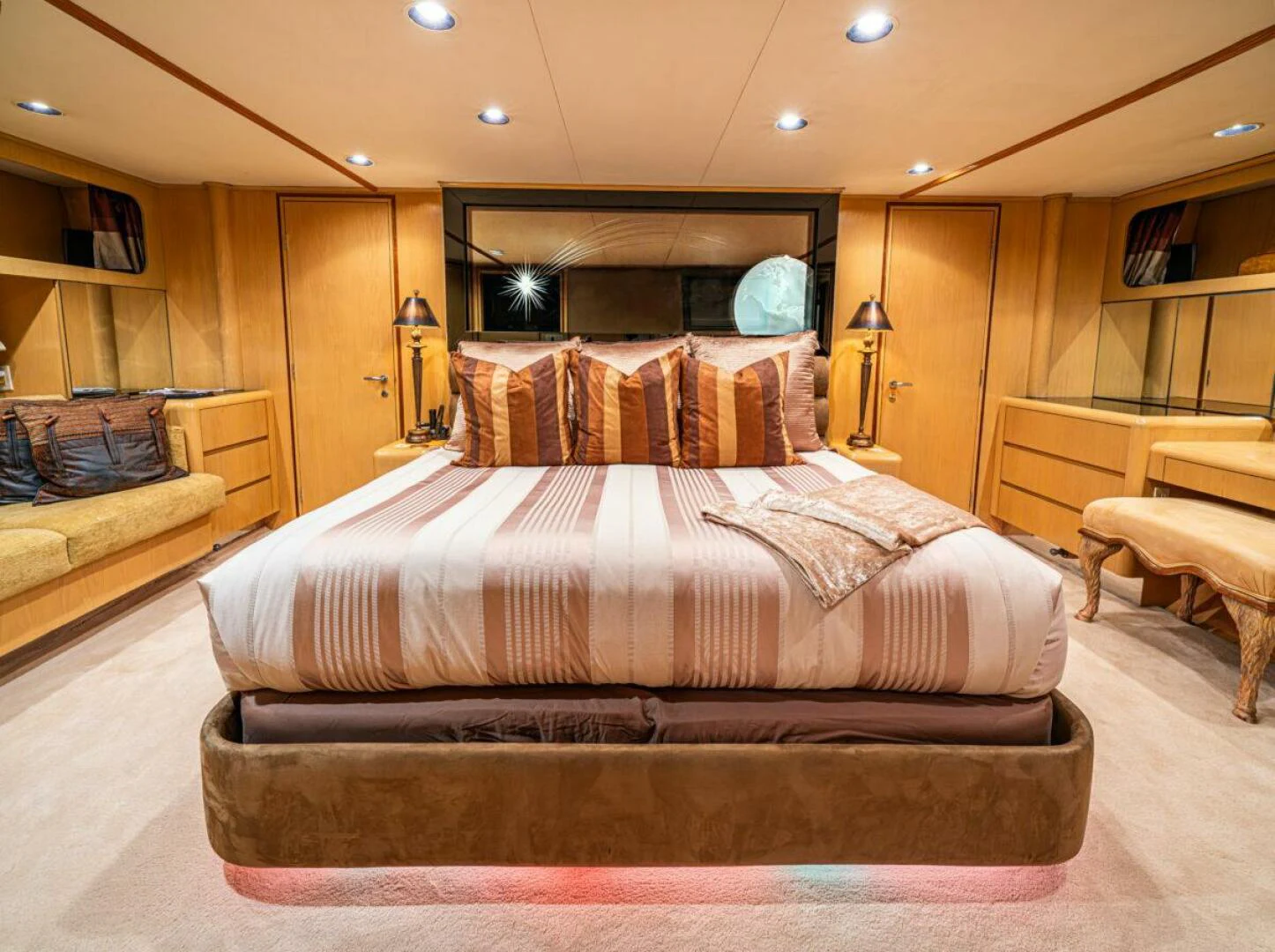 a bed in a room aboard LE MONTRACHET Yacht for Sale