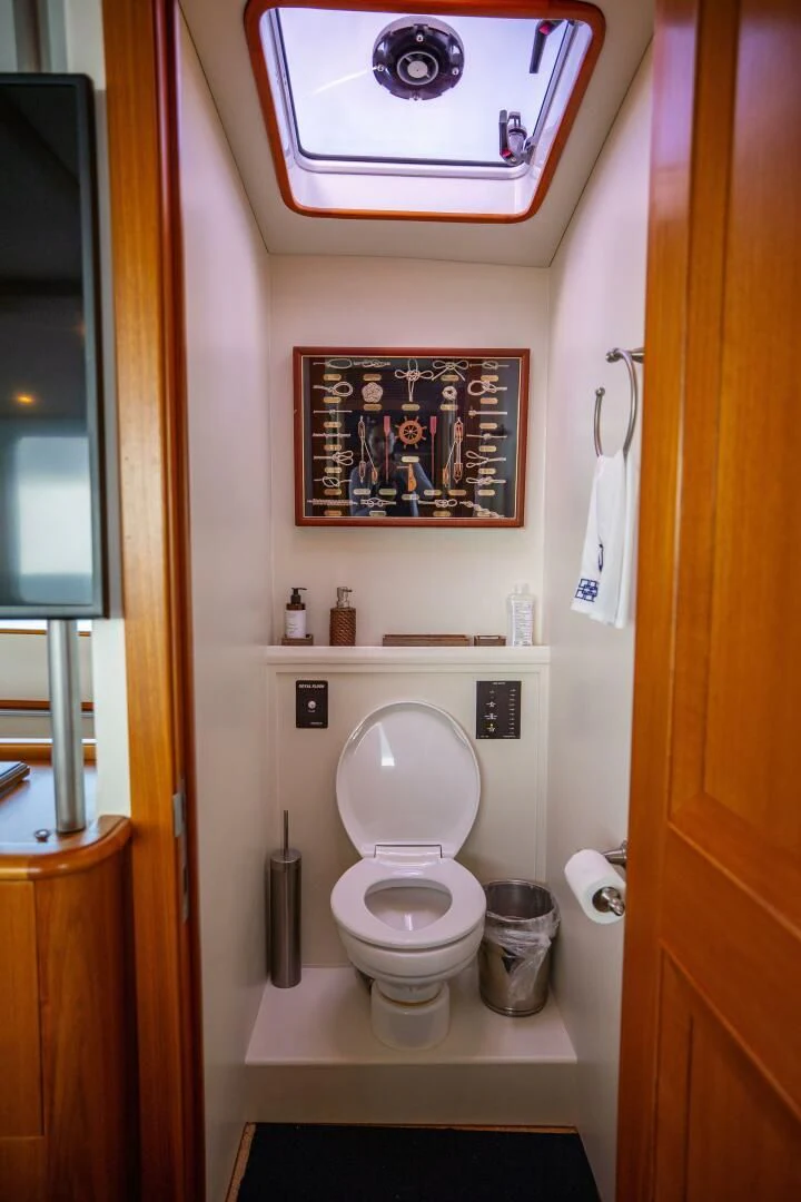 a toilet with a picture on the wall aboard SEA BOLD Yacht for Sale