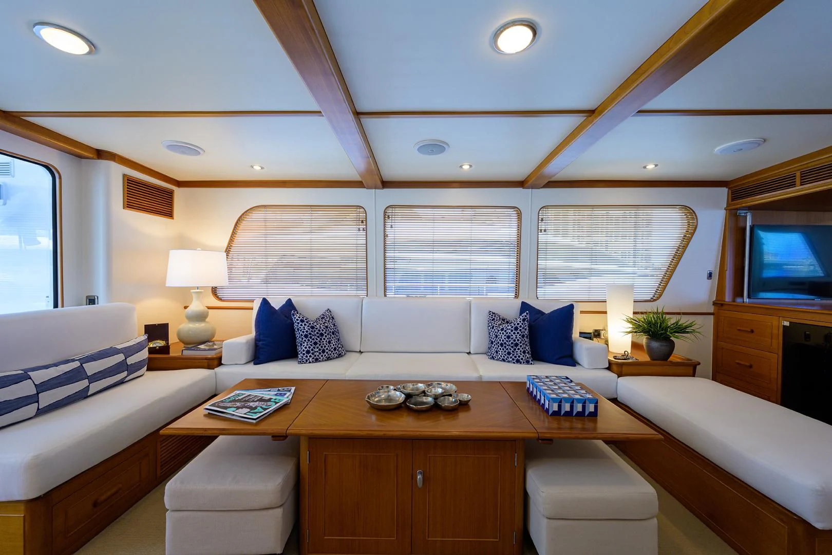 a living room with a large window aboard SEA BOLD Yacht for Sale