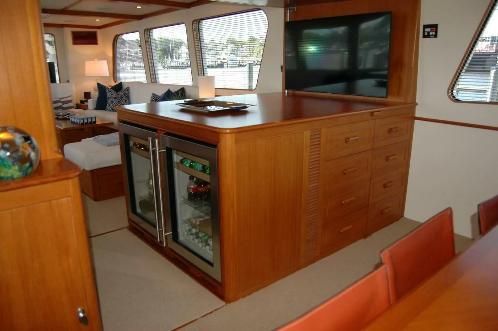 a kitchen with wooden cabinets aboard SEA BOLD Yacht for Sale